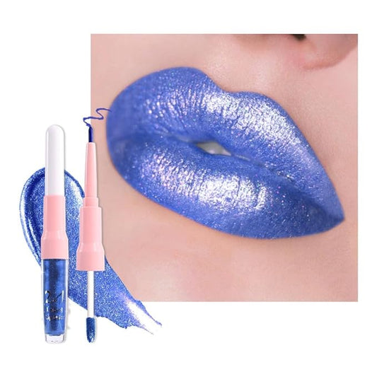 evpct Sky Blue Metallic Glitter Lip Liner and Lipstick Combo Lip Gloss Stain Set Makeup for Women Long Lasting Waterproof 24, Sky Blue Metallic Shimmer Frosted Iridescent Glossy Liquid Lipstick 24
