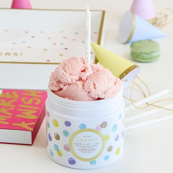LALICIOUS Birthday Cake w Pink Shimmer - Exfoliating & Moisturizing Whipped Body Scrub | Sugar & Coconut Oil | Gently Buffs & Smooths Sensitive Skin | No Parabens | Large 16oz