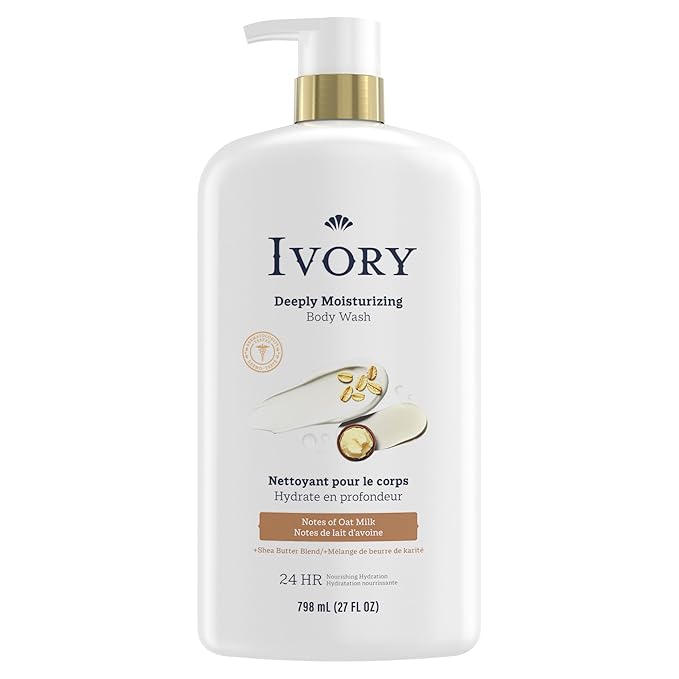 Ivory Body Wash, Deeply Moisturizing, 24hr Nourishing Hydration, Soothes Itchy Dry Skin, Made with Shea Butter Blend, Free of Dyes Heavy Perfumes Parabens & Phthalates, Oatmilk Scent, 27 oz