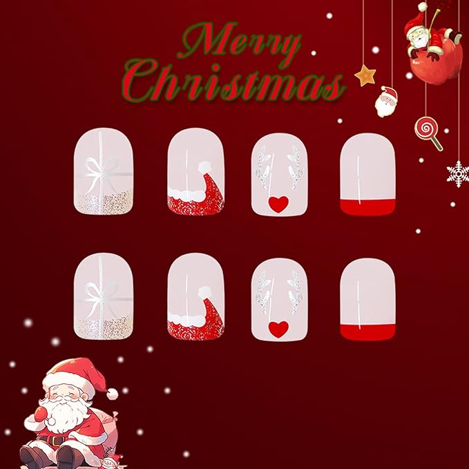 Christmas Silver Glitter Elk False Nails Red Santa Hat French Tip Press on Nails Short Square Xmas Glue on Nails Glossy Winter Christmas Acrylic Fake Nails for Women Girls