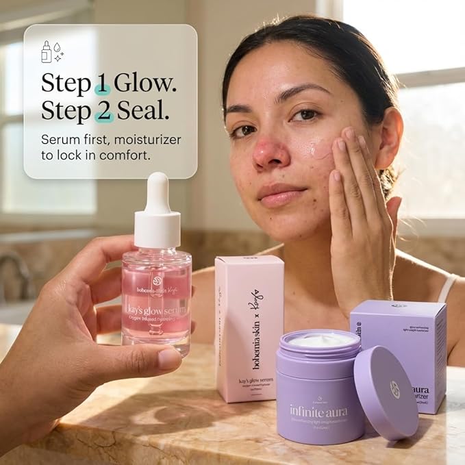 Kay’s Glow Serum + Infinite Aura Moisturizer – Oxygen-Infused THDA Vitamin C with Gentle AHA for Face and neck | Hydrates, Soothes and Brightens Bundle