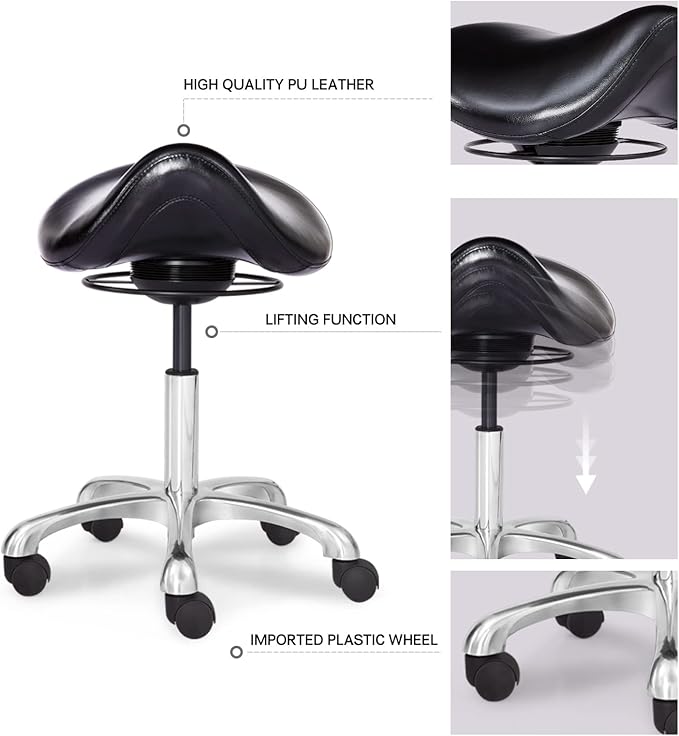 Saddle Stool Swivel Height Adjustable with Wheels Wobble Rolling Stool for Medical Massage Salon Kitchen Spa Drafting Lab Clinic Dentist, Ergonomic Hydraulic Seat Chair Office Stool