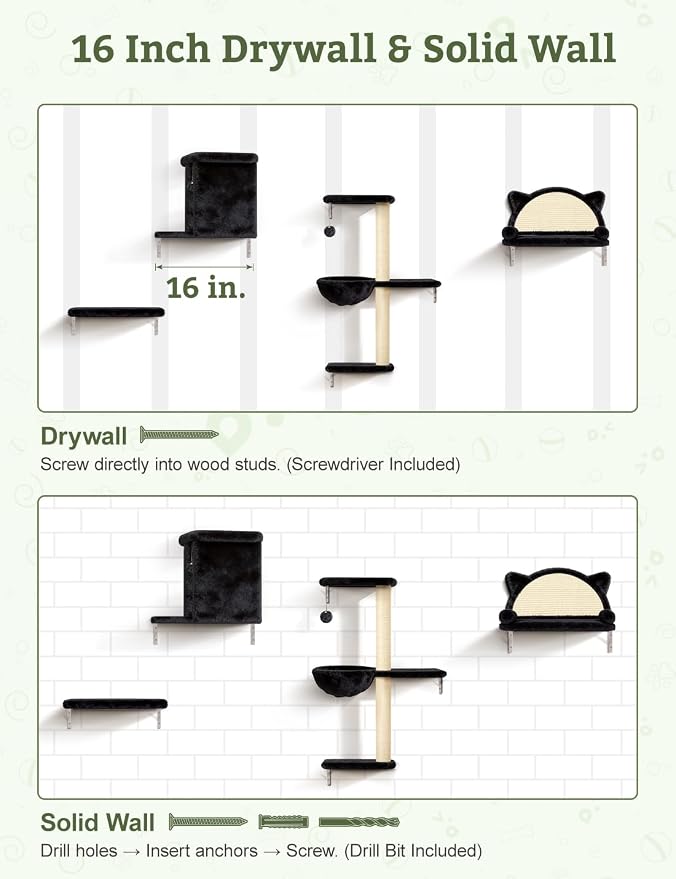 5-in-1 Cat Wall Shelves, Solid Wood Cat Wall Furniture Set for Indoor Cats | 44 lb per Shelf, 72-Hour Load Tested, Pre-Drilled, Fits 16 in. Stud Drywall & Solid Walls, for Small to Medium Cats