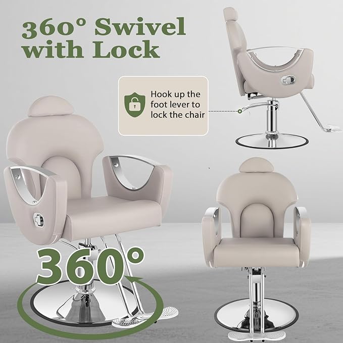 Reclining Salon Hair Chair, Barber Styling Chair for Hair Stylist, 360° Swivel Height Adjustable Hair Braiding Hairdresser Chairs, Beauty Spa Equipment for Barbershop, Gray Silver