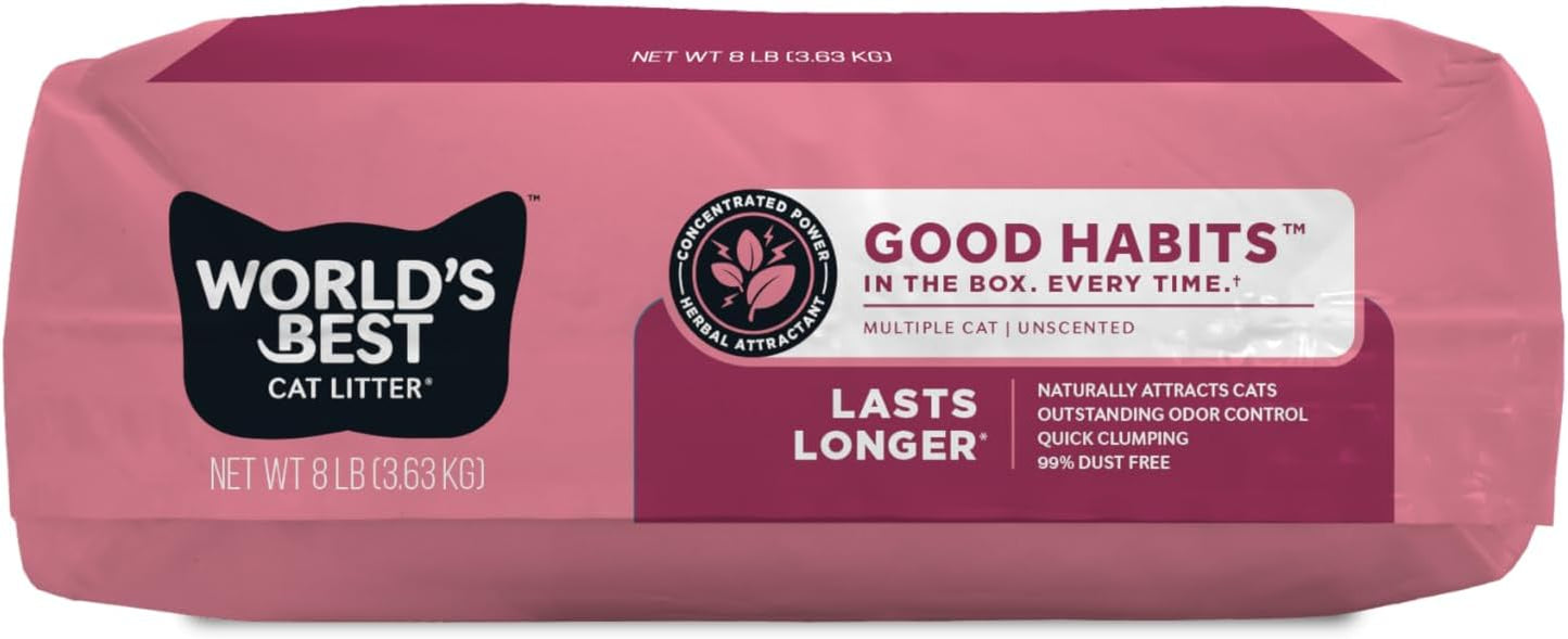 World's Best Cat Litter, Good Habits Cat Attract Litter, Unscented, 8 lb | Attracts cats and kittens with plant-based attractant; natural corn litter, quick clumping, flushable, 99% dust free formula