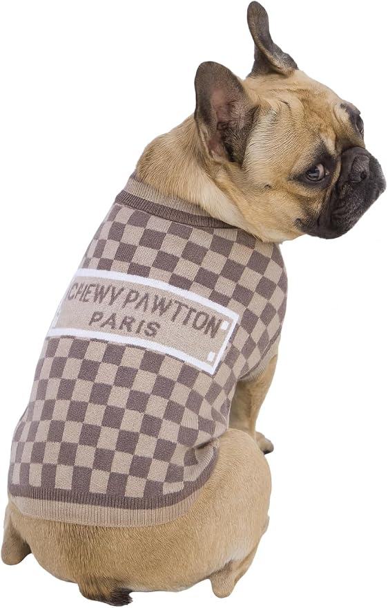 Dog Sweater for Small Dogs, Designer Dog Clothes, Luxury Damier, Soft Knit | Designer dog clothes for small dogs with soft knit comfort, luxury styling and easy pullover fit for Yorkies in cold weather.