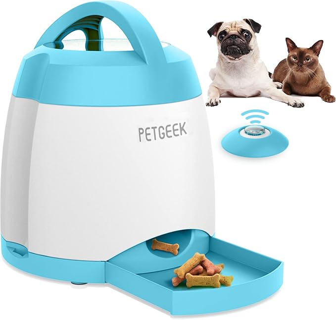 PETGEEK Dog Treat Dispenser Toy, USB-Charged Interactive Toy for IQ Play | Remote Push Button Control, 400ml Capacity Upgraded 3000mAh, Relieves Boredom, Blue Slow Feeder for Indoor& Outdoor Play