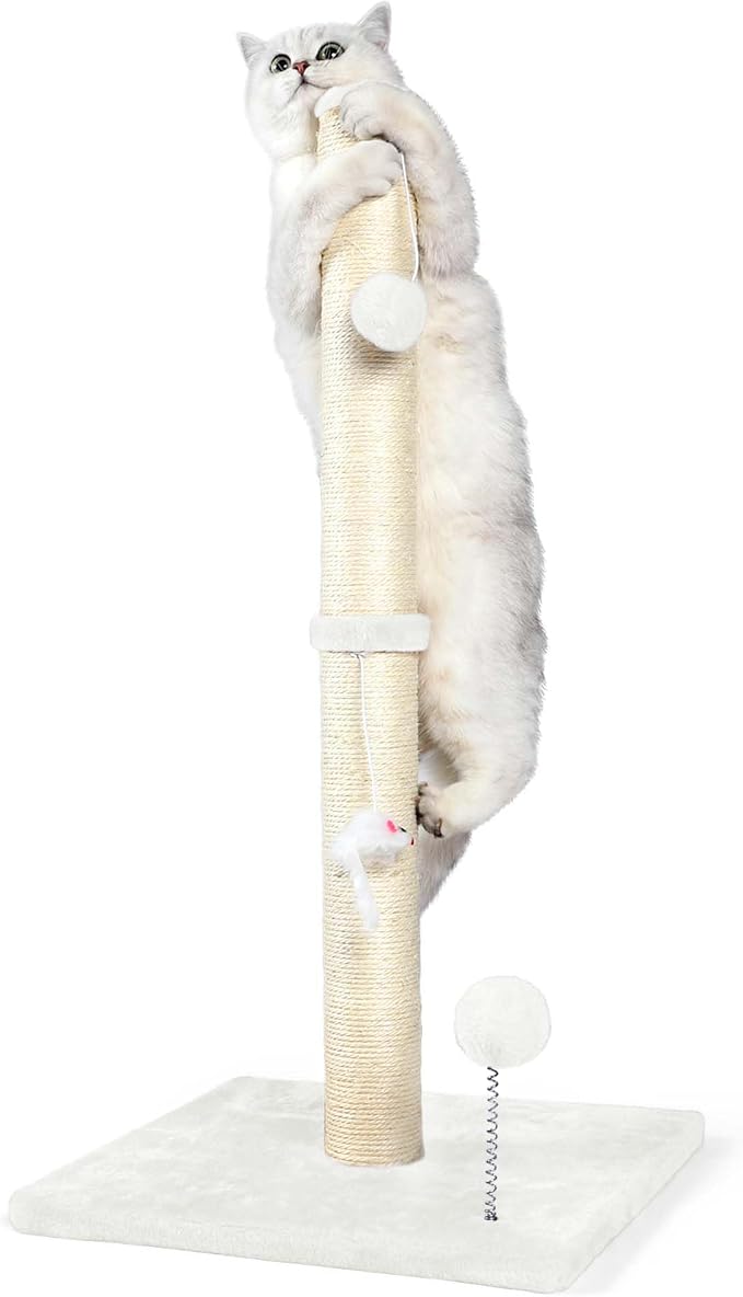 ANWA 32" Tall Sisal Cat Scratching Posts Tree for Indoor Cats Adults, White | Sisal Cat Scratcher, Small Space, Cat Post with Dangling Plush Toys for Indoor Cats, 15.7" Stable Base, Cat Furniture