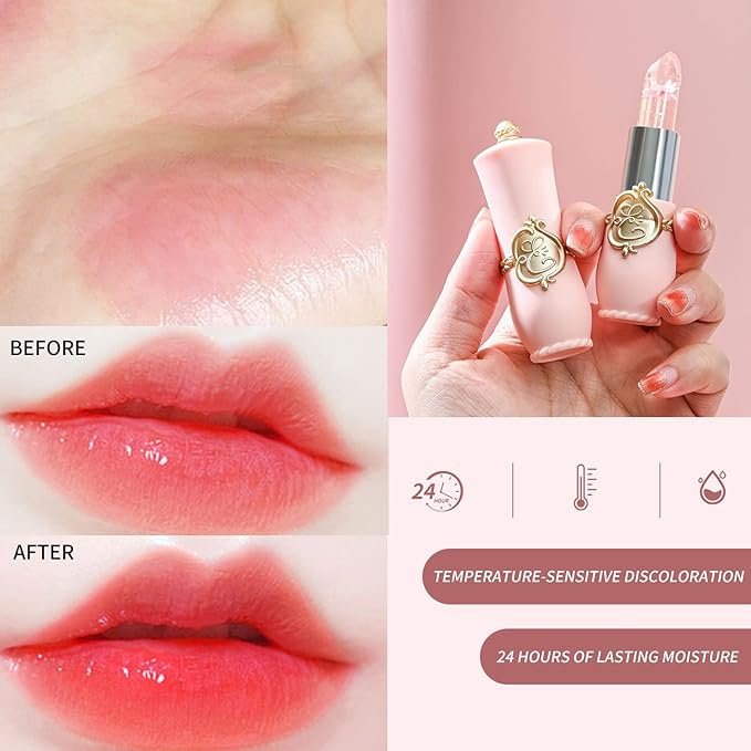 BestLand 3 Pcs/Set Flower Jelly Lipstick Set Temperature Change Moisturizer Long Lasting Nutritious Glossy Shine Lip Balm Magic Gold Crystal PH Color Change Lip Gloss for Women