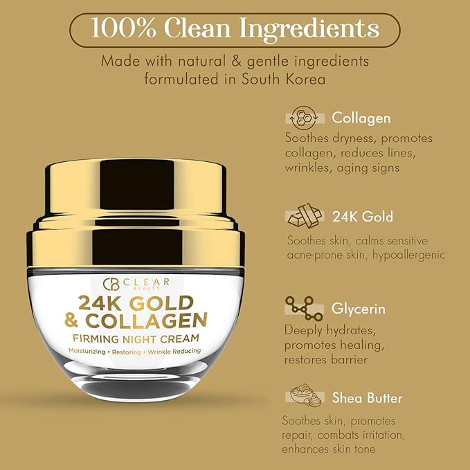 Clear Beauty 24K Gold & Collagen Night Face Moisturizer - Dermatologist Tested, Reduces Age Spots, Fine Lines & Wrinkles, Lifting & Firming Night Cream, Cruelty-Free Korean Skin Care - All Skin Types