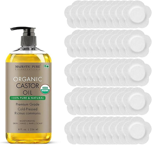 Majestic Pure Oil - 100% Pure and Natural- Cold Pressed & Hexane Free Natural Hair Growth Oil for Eyelashes, Eyebrows, Skin, Body, Face, Nails & Scalp - Organic Castor Oil with Patches 8 Fl Oz