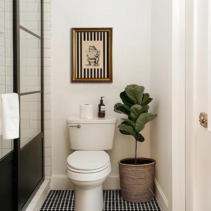 Funny Bathroom Wall Decor Art Vintage Whimsical Frog Gold Framed Wall Art | Black Beige Striped Picture Canvas Art Humour Animal Small Framed Prints Artwork For Vanity Shelf Restroom Toilet Powder Room