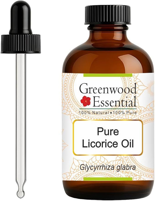 Greenwood Essential Liquorice (Licorice) Oil (Glycyrrhiza glabra) with Glass Dropper | Infused | Pure | Non-Sticky | Lightweight | For Skin Blends | Botanical Extract | Men & Women | 120ml (4 oz)
