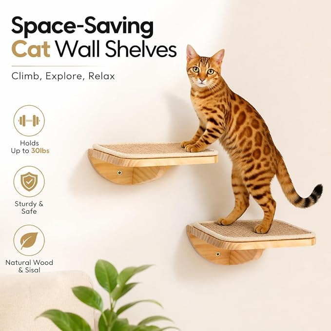 2 Set Wooden Cat Wall Shelves with Sisal Mat, Cat Wall Furniture Steps | 10"L x 9.2"W x 4"H Wall Mounted Cat Stairs, Cats Wall Furniture Steps, Space Saving, for Jumping, Playing & Lounging