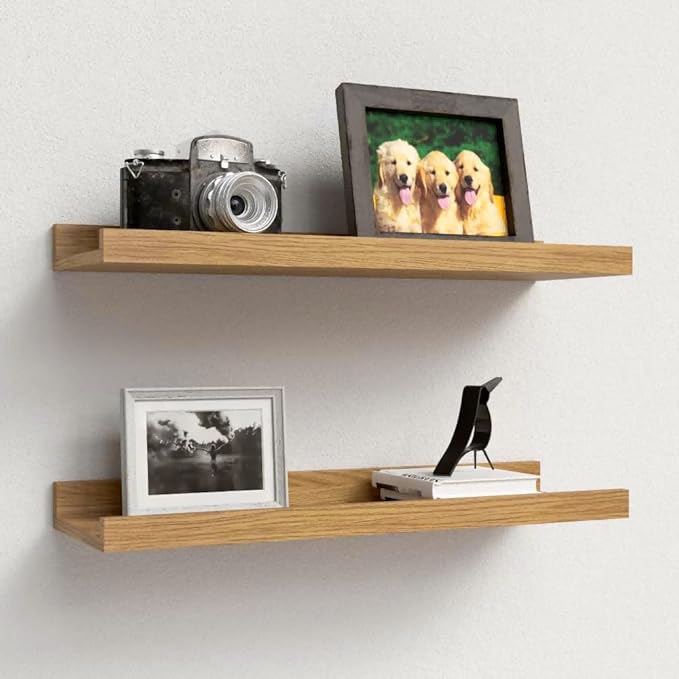 Boswillon Floating Shelves Set of 2, Small Wall Shelf with Lip, 16in, Oak | Display Ledge Shelf for Room Wall, Wall Decor Shelves for Bathroom, Living Room, Bedroom, Kitchen, Nursery Room, Rustic, Wood