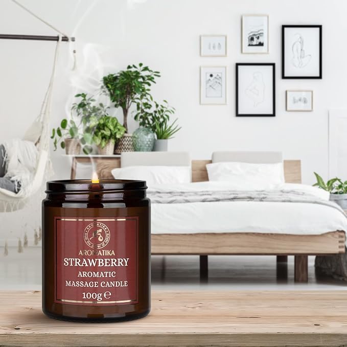 AROMATIKA Strawberry Scented Massage Candle - Soy Wax 3.5Oz - Relaxing Aromatherapy Candle - Glass Jar Gift