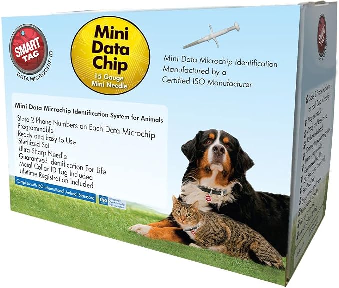 Mini ISO Data Microchip with Lifetime Pet Recovery Service/24-7 US Call Center/Free Registration, Implanter & Metal ID Tag for Dogs, Cats & All Animals, 15 Gauge/25 Pack