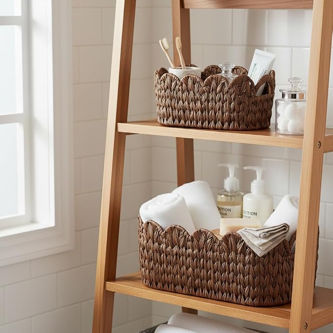 Coeusy Wicker Scalloped Basket Set of 2,Woven Storage Baskets for Shelves,Closet,Laundry,Gift,Towels,Books,Toys,Waterproof Cute Decor Basket for Organizing,Brown