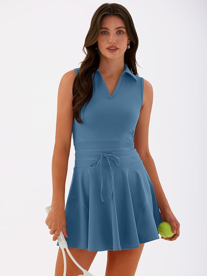 Caracilia Women's 2 Piece Tennis Dress Set-Polo Neck Sleeveless Mini Dresses with Shorts,Golf Casual Workout Athletic Sports