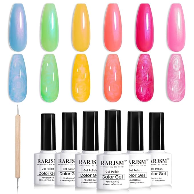 RARJSM Pearl Gel Nail Polish Set Neon Green Blue Yellow Orange Red Pink Rainbow 6 Bright Colors Iridescent Mermaid Shell Glitter Polish Shimmer Multichrome Swirl Thread Effect Curing Requires