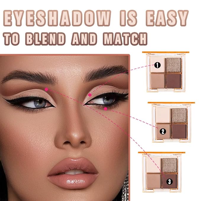 Eyeshadow Quads Blendable Glitter Matte Eyeshadow Palette,Black Gold Nude Brown Coffee Shinmmer Sparkly Four Eyeshadow Palette Makeup,Everyday Nature Long-Lasting Waterproof Women Girls Eyeshadow 4#