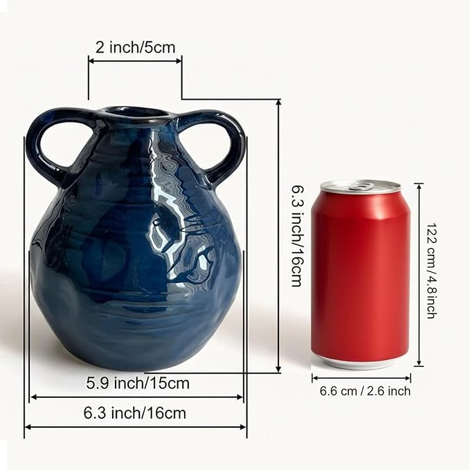 LIFFY Blue Ceramic Vase for Flowers, 6.3 Inch Tall Modern Farmhouse Centerpiece with Double Handles, Vintage Rustic Decorative Vases Home Table Decor (Navy Blue)