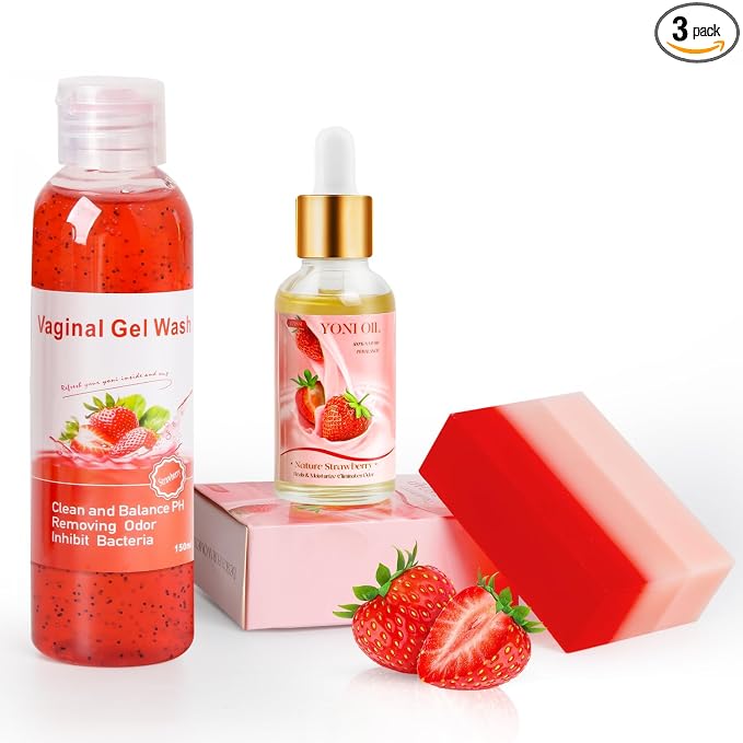 Feminine Wash & Yoni Oil & Yoni Soap Set for Women, Yoni Wash for Ph Balance Remove Odor Moisturizing, 1 Fl.Oz Essential Oil & 5.07 Fl.Oz Strawberry Body Wash 5.29 Oz Yoni Soap Bar