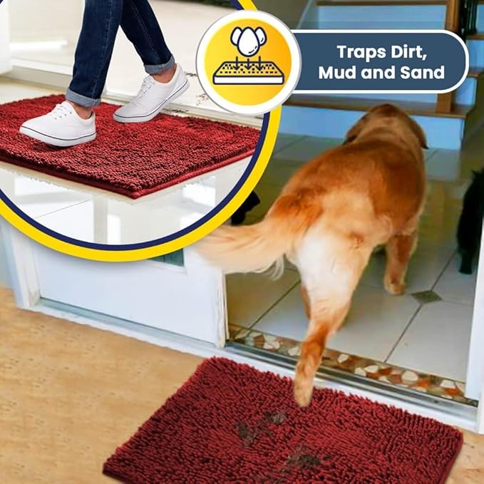 Muddy Mat® | Super Water Absorbent Door Mat Indoor, Microfiber Quick Dry Chenille Entryway Rug, Slip Resistant Front Door Mat, Indoor Mats for Entryway, Machine Washable Pet Rug, Red 59"x24"