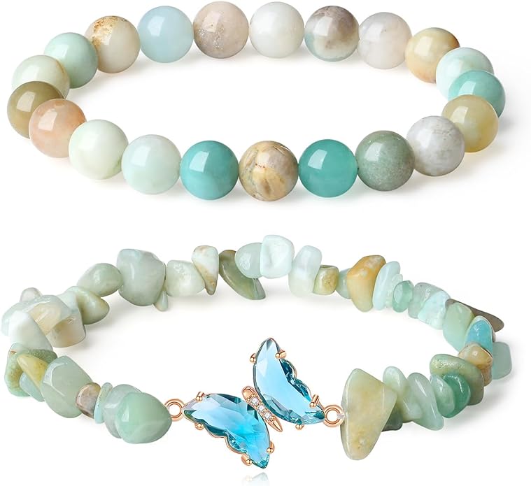 DUQGUHO 2Pcs Butterfly Bracelets for Women Healing Crystals Bracelets for Women Natural Gemstone Bead Bracelet Cute Butterfly Charm Bracelet Stretch 8mm Crystal Jewelry Gifts for Women
