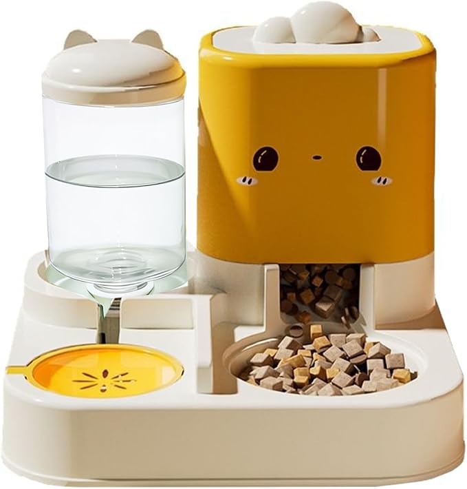 Pet Automatic Feeder Cat Dog Feeding Bowl Food Water Dispenser with Refillable Storage Container Large Capacity Rabbit Feeder Watering Bowls (Yellow)