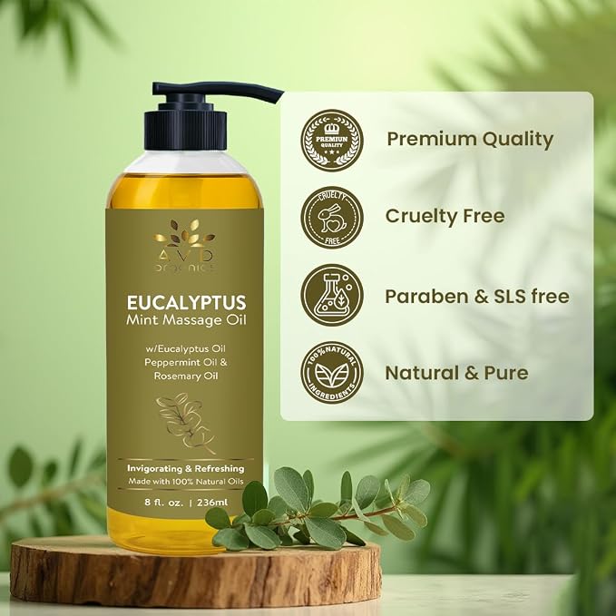 AVD Organics Eucalyptus Mint Massage Oil 236 ML | 100% Pure and Natural | Revitalizing & Cooling Aroma | Blended with Eucalyptus Sesame and Coconut Oil | for Both Men and Women | 8 fl oz