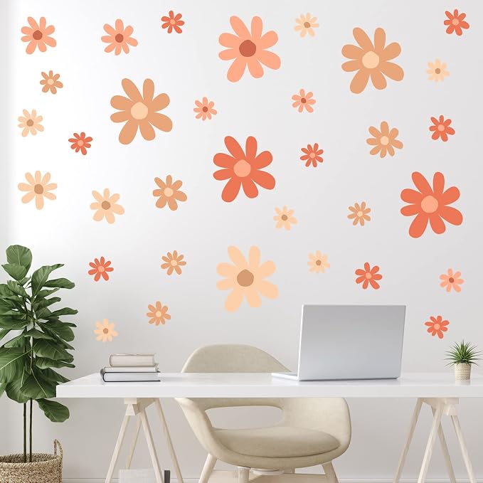 TaoBary 12 Sheet Daisy Wall Sticker Decal,Orange,Colorful Style | Big Flower Wall Sticker, Pink White Floral Decal, Daisy Bedroom Room Decor, Removable Peel and Stick, Nursery Home Wall Decor