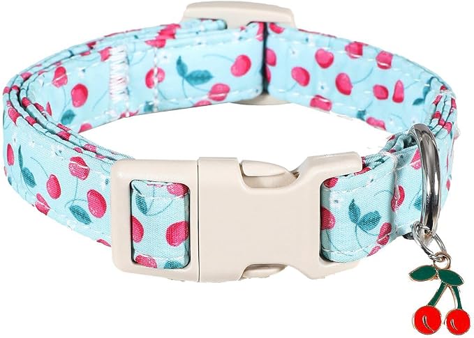 Cherry Dog Collar, Blue Dog Collar for Spring Summer with Quick Release Buckle, Fits Medium, Large, Female, Male Dogs, M