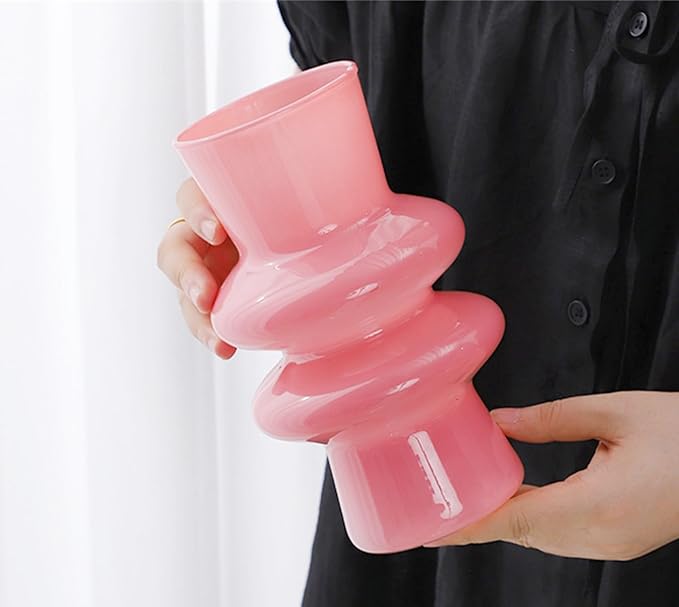 JSPYFITS Modern Glass Vases, 7.87" Tall Four-Layer Book Vase Bubble Flower Vases Decorative for Home Decor, Pink Glass Table Vase for Wedding Housewarming Gift