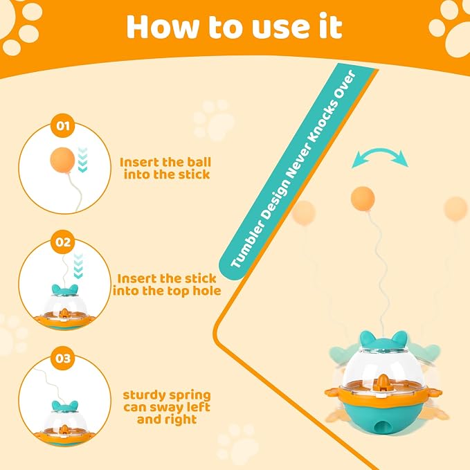 Pet Fit For Life Tumbler Treat Dispenser Cat Toy with Ball, Worm & Hook Attachment - Mental Interactive Wobble Puzzle Feeder for Indoor Cats, Snack Dispensing Spinner for Kitty Play - Orange, Medium