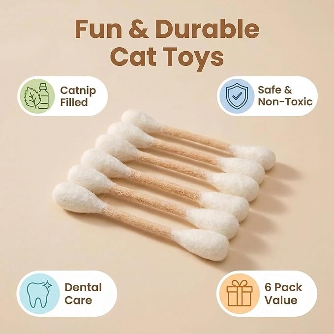 Cotton Swabs Cat Toys with Catnip, Giant Kitten Chew Sticks, Durable Dental Teething Ropes, Indoor Boredom & Dental Care, Pet Play Gift Accessories 6 Pack(Beige)