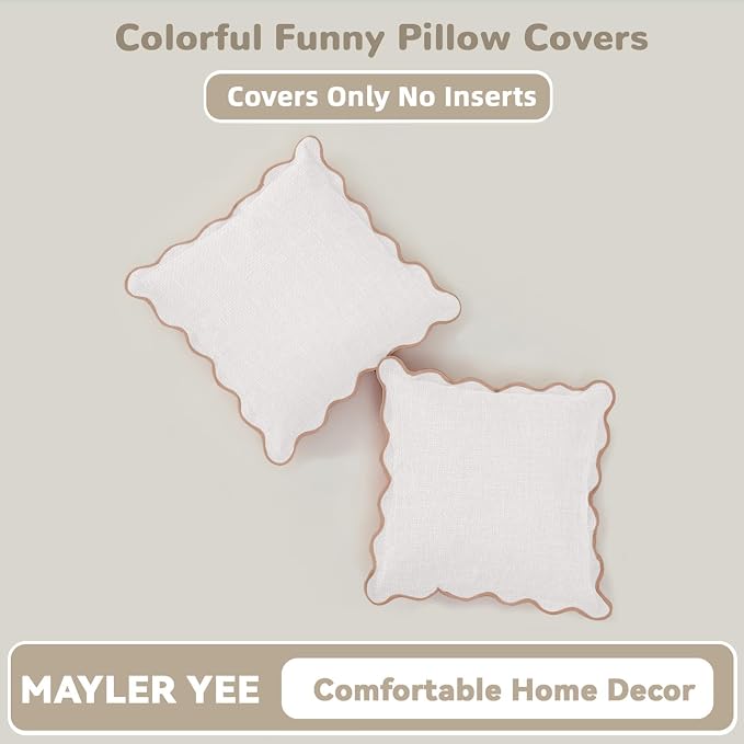 Scalloped Pillow Covers Set of 2 for Living Room | Spring Decorative Sofa Couch Pillows | Boho Sytle Decorative Home | Aesthetic Funky Preppy Pillow Cases (Beige & Brown, 24x24 Inch)