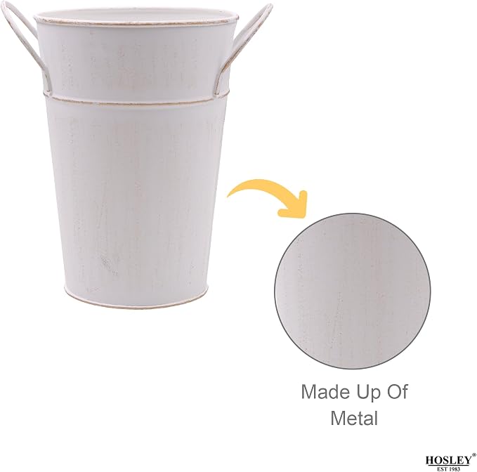 Hosley Set of 2 White Wash Finish Bucket/Pot Vase with PVC Liner, 5" Dia x 7" H Ideal Gift for Floral Arrangements Wedding Home Office Party DIY Indoor Outdoor Garden Patio