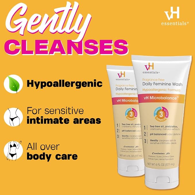vH Essentials Daily Feminine Wash - 6 Fl Oz - Fragrance-Free,Odor Eliminating Body&Vaginal Wash with Tea Tree Oil,Prebiotics and Lactic Acid for pH Balance, Odor Defense and Vaginal Health (Pack of 2)