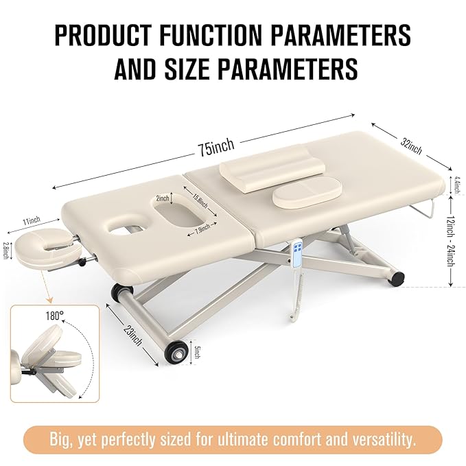 Heavy Duty Electric Massage Table, Electric Lift and Electric Backrest 2 Motor Adjustable for Treatment / Medical Spa / Facial Bed / Beauty Bed / Massage Bed and More - 32 Wide x 75 Long, Beige Gray
