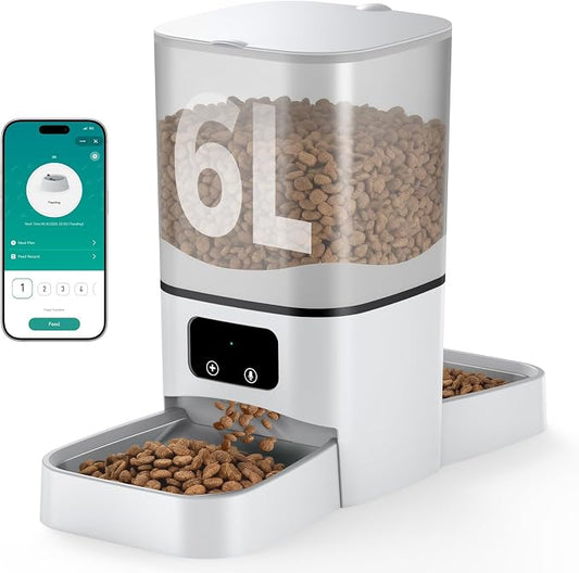 Automatic Cat Feeder for 2 Cats, 6L Large Capacity, 2.4G WiFi, APP Control | Timed Cat Dry Food Dispenser for Cats & Dogs with 2 Stainless Steel Bowls, Dual Power Supply, 10s Voice Recorder