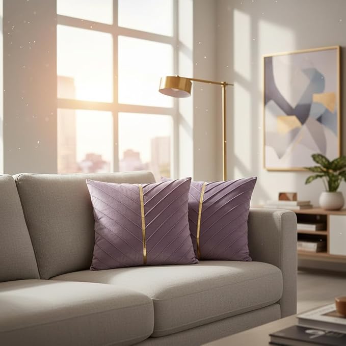 Velvet Throw Pillow Covers 20x20 inch Pack of 2 Gold Decor Purple | Soft Solid Pillow Covers,Modern Luxury Home Decor,for Couch Chair Sofa Bedroom Livingroom,Hidden Zipper,Ideal Gift,Easy Care