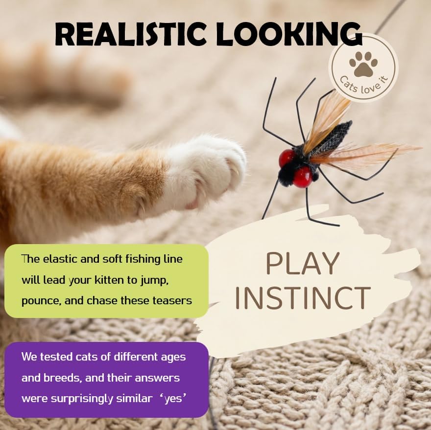 Cat Insect Feather Toys Replacement - 2 Pcs Handmade Natural Flies - Cat Toy Wand Refills - Interactive Kitten Teaser Wand Attachments - Cat Toys for Indoor Cats Play