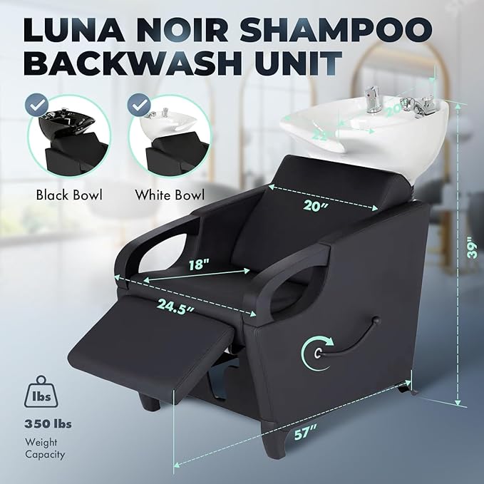 Buy-Rite Luna Noir Shampoo Backwash Unit for Professional Salons - Extra Wide Seat, Black Metal Armrests & Feet, Lever-Activated Leg Rest, Tilting White Porcelain Bowl, YLG-583-1-BLACK