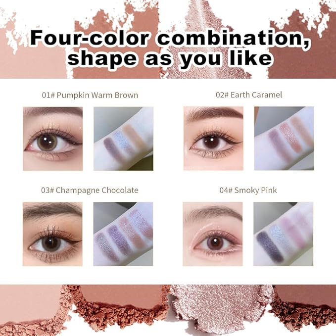 4 Colors Neutral Nude Matte & Shimmer Eyeshadow Palette, Pink Rose Plum Brown Neutral-Warm Mattes Glitter Eye shadow Contour Makeup Palette for Mature Women, Blue Green Eyes, Daily Natural Makeup.