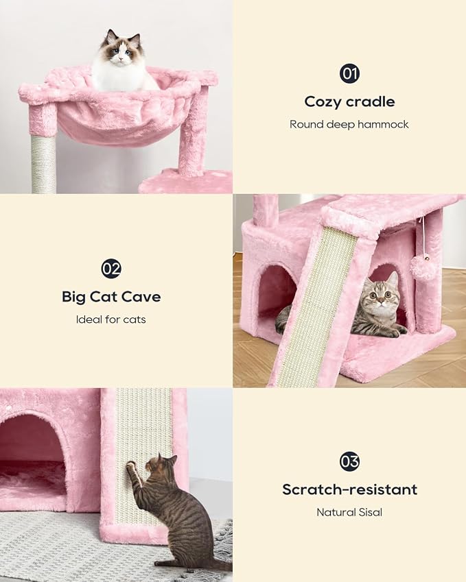 SYANDLVY Cat Tree for Indoor Cats Large Adults, Modern Activity Tower with Scratching Posts & Board, Condo with Plush Perch, Climbing Stand with Cradle & Hanging Ball for Play, Pink
