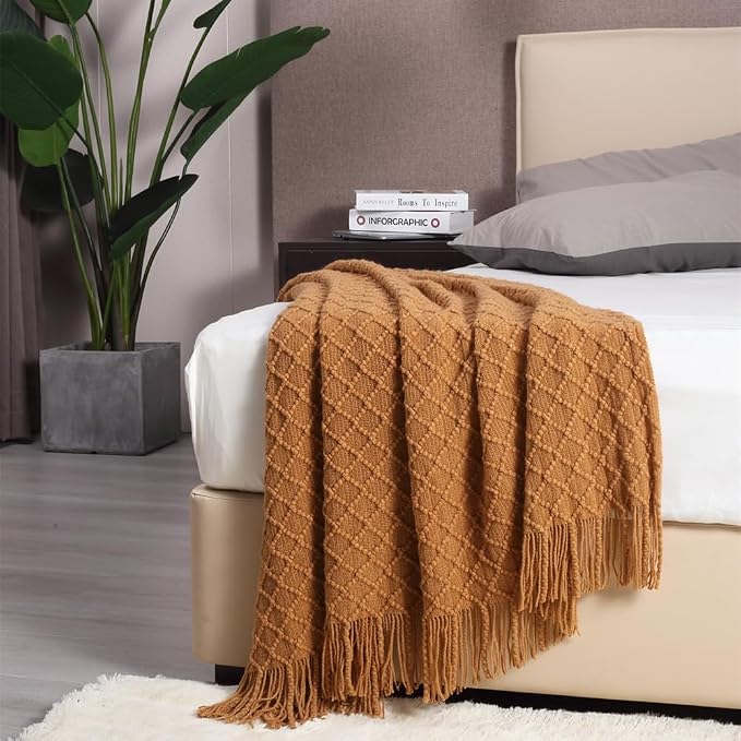 CREVENT Farmhouse Boho Knitted Throw Blanket for Couch Sofa Chair Bed Home Decoration, Soft Warm Cozy Light Weight for Spring Summer Fall (60''X80'' Brown)