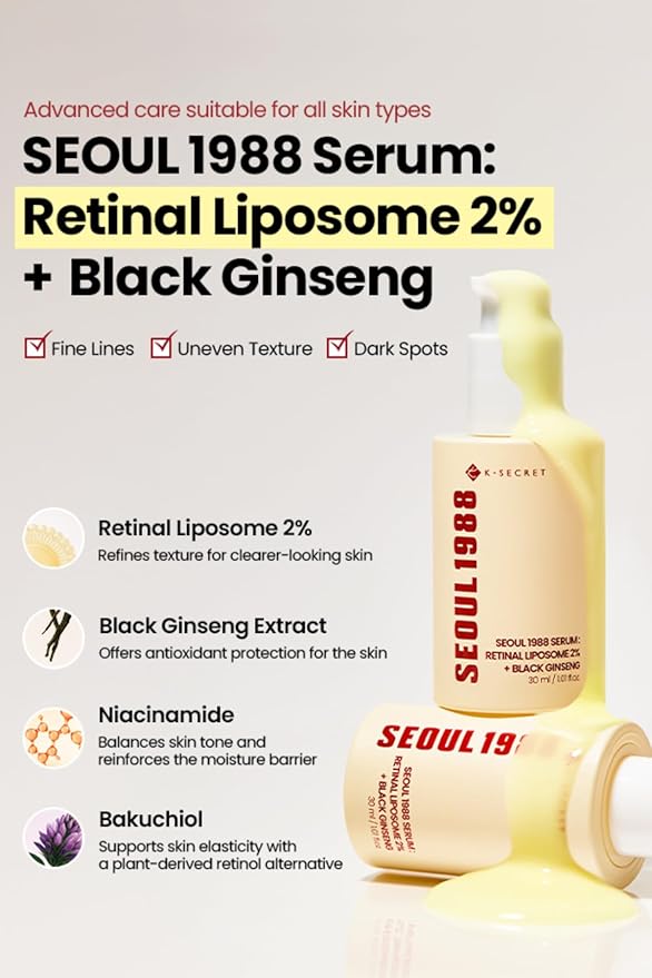 K-SECRET SEOUL 1988 Retinal Serum – Formulated with Advanced Retinal Liposome 2% and 58% Black Ginseng Extract | Fine Lines and Skin Texture Care Serum | Korean Skincare, 30ml / 1.01 fl oz