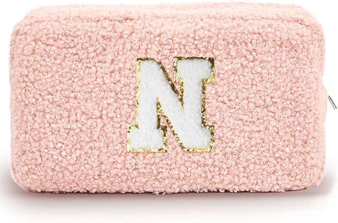 Cute Makeup Bag, Initial Cosmetic Bag, Fuzzy Makeup Bags for Women, Preppy Pink Makeup Pouch with Chenille Letter, Personalized Gifts for Women, Pink N