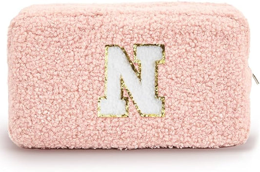 Cute Makeup Bag, Initial Cosmetic Bag, Fuzzy Makeup Bags for Women, Preppy Pink Makeup Pouch with Chenille Letter, Personalized Gifts for Women, Pink N